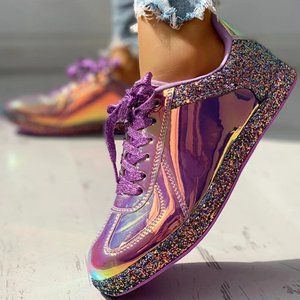Holographic Purple Fashion Glitter Lace-Up Sneaker